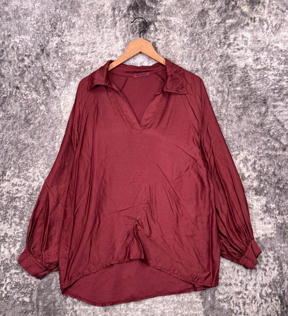 Meo Meli Top One Size Womens Red Satin Balloon Sleeve Popover Blouse
